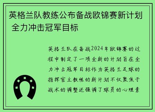 英格兰队教练公布备战欧锦赛新计划 全力冲击冠军目标